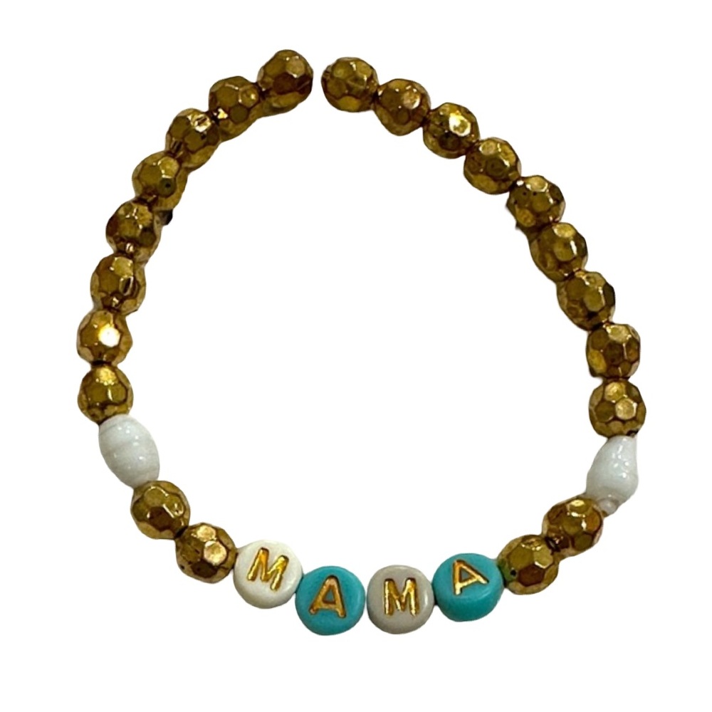 Chic Mama Beaded Stretch Bracelet – Gold & White & Blue